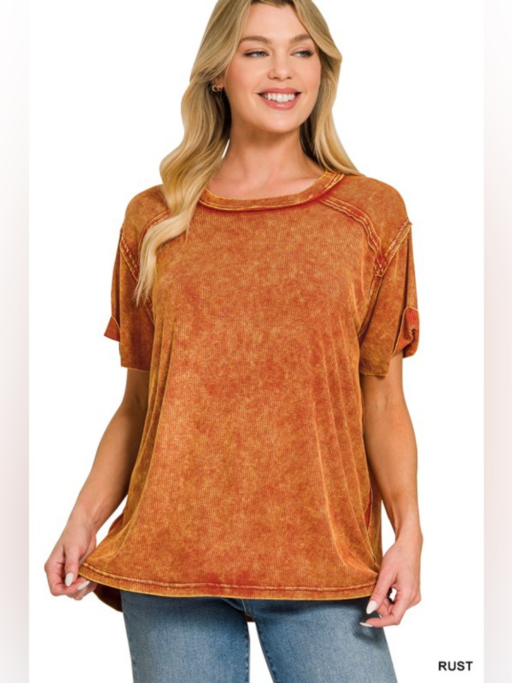 Rust WASHED RIBBED SHORT SLEEVE BOAT-NECK TOP